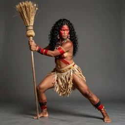 camilla cabello as an amazonian woman with red face paint in fighting pose holding a broom, wide full body, movie poster, realistic hyper detailed concept art