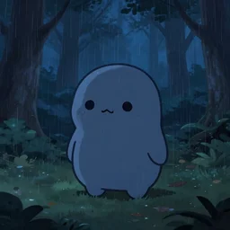 a living shadow in a night forest in the rain, kawaii, cute