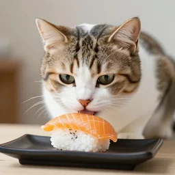 realistic photo of a cute cat eating sushi