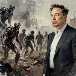 concept art by jama jurabaev, cinematic shot, trending on artstation, high quality, brush stroke, enviroment with zombies cyborg, elon musk