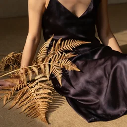 dried ferns woman dark silk dress sitting sunlit dried caked bleached sunlit dried caked bleached