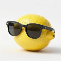 There is a lemon. It is wearing sunglasses.