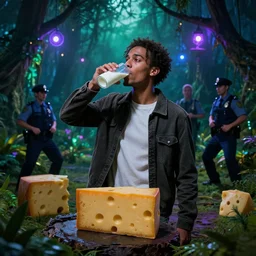 rodney trotter drinking milk in a haunted jungle full of cheese at midnight with disco lights and dancing policeman