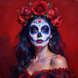 a red oil painting hyperrealism of a beautiful woman, flowers, dia de los muertos makeup, floral headdress, 8 k resolution, octane render, trending on artstation, by gediminas pranckevicius, volumetric light 2 blue fractal thunder glow by dan mumford, anaglyph effect, laurie lipton