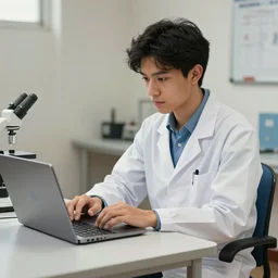 a beautiful artwork of a young male scientist with black hair sitting at a desk with a laptop by Jerome Opeña, featured on artstation