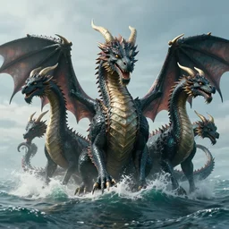 A seven-headed dragon with ten horns coming out of the sea, well defined image , digital Art, Greg rutkowski, Trending artstation, cinematographic, hyperrealistic