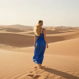 a blonde woman in a blue dress walking into the desert in morning, desert dunes, artstation, cgsociety