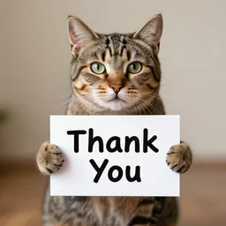 a tabby cat holding a sign that says thank you!