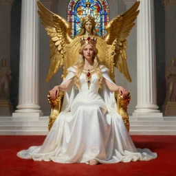 monumental fantasy painting of throne room with red ground and the queen sit with long white dress and ritual summun guardian angel gemstone ruby and saphire incrusted in golden crown and white colone like greek temple  stained glass matte Photorealistic cinematic  artstation fanart contrast by Jason Felix by Steve Argyle by Tyler Jacobson by Peter Mohrbacher shapen focus instagram filter overlay HDR
