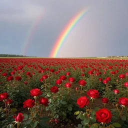 in the morning, the flower field is neatly covered with bright red roses, and there is a beautiful rainbow after rain in the sky, dreamy, whimsical, detailed, volumetric lights, trending on artstation by ivan aivazovskys