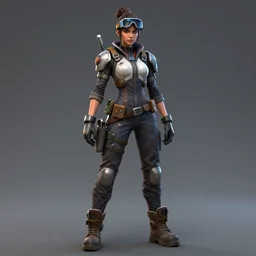 highly detailed full body character art of a female engineer wearing futuristic overalls, goggles, toolbelt, heavy-duty boots, gloves, sharp features, hair tied up in a bun, Starcraft 2 videogame character, futuristic, serious, concentrated, industrial aesthetic, highly detailed, photo realistic, technical atmosphere, 8K, octane render, unreal engine