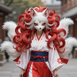 kitsune woman nekomimi fancy haircut, full body, intrincate, red and white,  glitter, depth of field, 8k, hyper detailed, realistic, trending on artstation