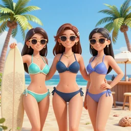 extremely attractive bikini girls on a beach with lovely faces with palm trees high detail 3 d render octane art station digital art detailed sunglasses pose with surfboard beach bar summer