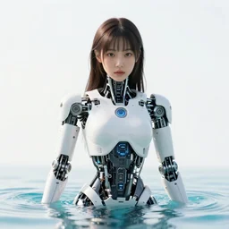 beautiful centered fine art photo portrait of hoyeon jung as a solarpunk robotic humanoid, half body above water, white mechanical parts with led lights, ultra - realistic and intricate, white background, sun lighting, soft focus, slow exposure hdr 8 k
