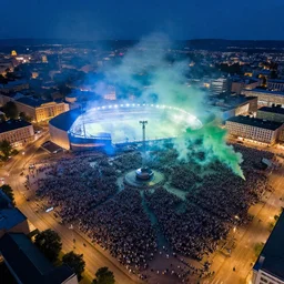 thousand fans in tampere finland central square. photorealistic. blue smoke green smoke like in football stadium. night time. drone footage.