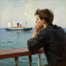 very attractive man watches ships sail by from his deck by the ocean, melancholy, nostalgia, painting by gaston bussiere, craig mullins, j. c. leyendecker