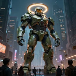 gigantic!! 7 0 mm photo utopian halo master chief giant!! towering statue! surrounded by a crowd of civilians in a cyberpunk city street at night, matte painting, stylized background, cinematic lighting, octane, concept art, syd mead, jim lee, artstation