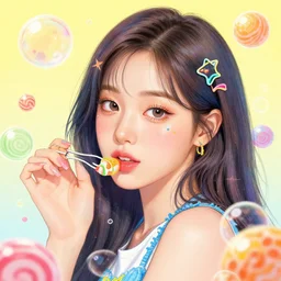 an illustration that caricaturizes im nayeon of twice, highly detailed, refined spontaneity, colorful, bubbles, candy - coated, sugary sweet, yellows and blues