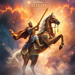 khalid ibn al walid fighting on his horse surrounded by nebula, highly detailed, gold filigree, romantic storybook fantasy, soft cinematic lighting, award, disney concept art watercolor illustration by mandy jurgens and alphonse mucha and alena aenami, pastel color palette, featured on artstation