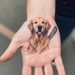 a tattoo of a golden retriever palm on a human hand