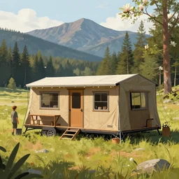 cabela's beautiful comfortable modular pop - up insulated all terrain family dwelling, cabin,, person in foreground, mountainous forested wilderness open fields, beautiful views, painterly concept art, joanna gaines, environmental concept art, farmhouse, magnolia, concept art illustration, by james gurney, by craig mullins, by greg rutkowski trending on artstation