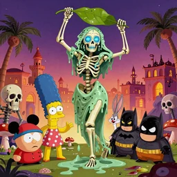 portrait a dripping melting skeleton goddess dancing frenzy with pot leaves, walt disney style, south park characters, melting minnie mouse, marge simpson, all things dripping, psychedelic, melting scenery, melting mushrooms, very intricate glowing cybernetic eyes, wlop, skulls, skeletons, mickey mouse, batman, bugs bunny, moroccan city, mosque, palm trees, redneck country, style in digital painting, concept art, smooth illustration, by ruan jia and by hiroshige utakawa, unreal engine 8 k