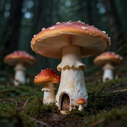 A mushroom house in the foreground, other mushroom houses in the background, in a dark forest, macro, mysterious matte painting by greg rutkowski and marc simonetti and Ivan Shishkin