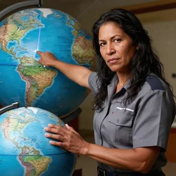 epic portrait of slightly muscular indigenous visionary sheila wattcloutier wearing short sleeved instructor uniform laser pointing on globe, blueprint, detailed, artstation, concept art, donato giancola, joseph christian leyendecker, wlop, boris vallejo, breathtaking, 8 k resolution, extremely detailed beautiful, establishing shot, artistic hyperrealistic, beautiful face, enhanced hands, octane render