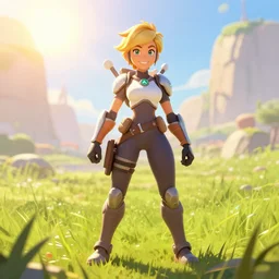 digital artwork of tracer from the game overwatch, standing in grassy field, smiling while the sun shines down,