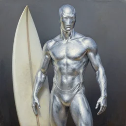 photorealistic, hyperdetailed, oil painting, of a silver, silver surfer, by greg rutowski