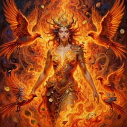 a portrait of godess of fire surounded by firebirds in intricate detailed color smashing fluid oilpaint, 3 d render, hyper realistic detailed portrait, color leaves, ruan jia, wlop. scifi, fantasy, hyper detailed, octane render, concept art, intense colors by peter mohrbacher, by wlop, by ruan jia, by alphonse mucha