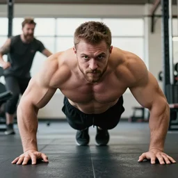 a portrait of a huge muscular man in the gym doing push - ups while giga chad is cheering him up photo - realistic 4 k
