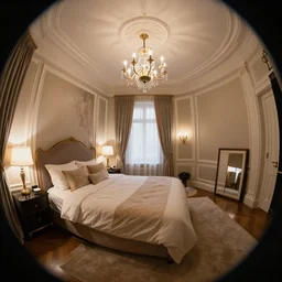 elegant luxurious bedroom lit by a candelabrum simon stalenhag, fisheye camera, extreme perspective