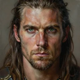a highly detailed portrait painting of a rugged barbarian with piercing eyes, art by marc simonetti and michael whelan and gerald brom
