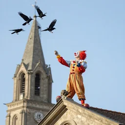 A clown on the roof of the church playing with crows.