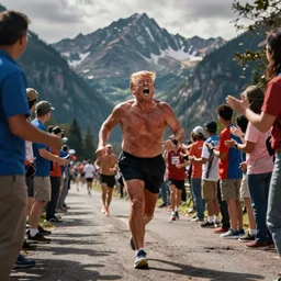 shirtless trump running marathon while screaming at bystanders
