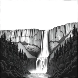 waterfall by dan mumford and peter doig and edward hopper, symmetrical, minimal, black ink, thick lines highly detailed, muted colours, masterpiece 8 k