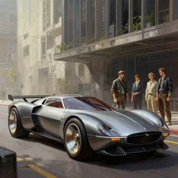 street scene, brutal architectural background, retro futuristic concept cars, low profile tires, detailed chrome trim, jodhpurs greg manchess painting by sargent and leyendecker, cyberpunk 2 0 7 7 concept intricate elegant illustration forza, by greg rutkowski by greg tocchini by james gilleard