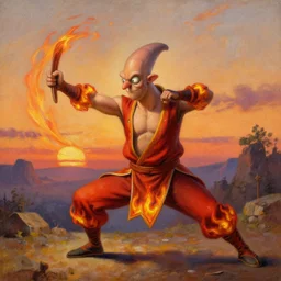 [ squidward ] wearing fire nation clothing and practicing firebending outside at susnset, oil painting, highly [ detailed ], intricate, photorealistic, by [ moebius ] and greg rutkowski and thomas kinkade, trending on artstation, trending on cgsociety, realistic shading and lighting, big nose