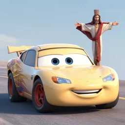 car jesus christ dressed up like a car, as a car from the movie pixar's cars 2,