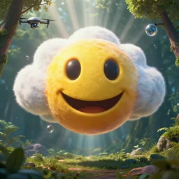 fantastical vibrant bulbous weird smiley face emoji shaped cloud with holes for eyes and mouth, in a nature scene, cybernetic symbiosis, high definition, rays of light breaking behind the emoji, drone camera lens orbs, 3 point lighting, highly detailed larval stage, natural color scheme, photo still from movie by denis villeneuve