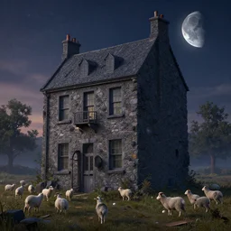 a beautiful matte rendering of a 🏬 covered in 🌓 with 🐑🐏 during morning deep color masterpiece by traditional artist by timothy dalton by jason de graag ken currie unreal engine featured on artstation wlop