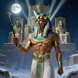 egyptian warrior in a winter night, shaman clothing, ritual, moon beams, fame of thrones, fibonacci, sweat drops, insane, intricate, highly detailed, surrealistic, digital painting, artstation, concept art, smooth, sharp focus, illustration, unreal engine 5, 8 k, art by artgerm and greg rutkowski and alphonse mucha