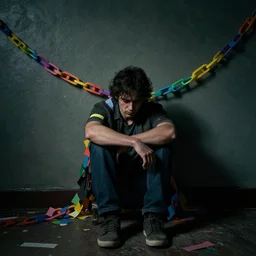 a sad man sitting in a room bound by colorful construction paper chains, dramatic lighting, cinematic, establishing shot, extremely high detail, photo realistic, cinematic lighting, post processed, concept art, artstation, matte painting, style by eddie mendoza, raphael lacoste, alex ross
