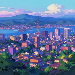 a japanese city near the sea, lofi, dreamy, moody, very colorful, anime inspiration, ghibli vibe, pixelart