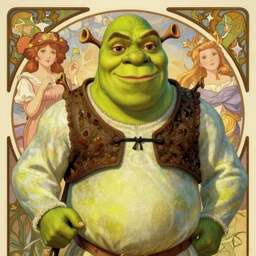 yann lecun as shrek, in art style by alphonse mucha