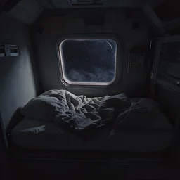 interior view of a space pod bed, small window to see space, tight space, claustrophobic, messy blankets, dark colors, minimal light, tight angle, dim lighting, muted colors, by makoto shinkai takashi takeuchi studio trigger