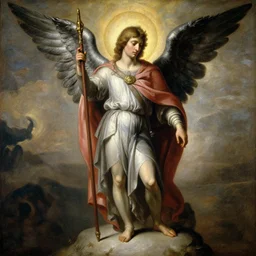 saint michael the angel guarding the world from evil. highly detailed painting by gaston bussiere greg rutkowski 8 k