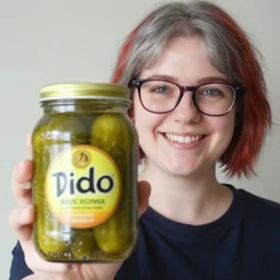 a smiling girl with short grey red hair and dark rim glasses, she is proudly holding a fido jar into the camera. close up. the fido jar is filled with big green pickles, by gertrude abercrombie