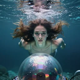 portrait of a woman underwater, flowing hair, bubbles, currents, neutrino detector dome sphere, wet reflections, prism, atmospheric, ambient, pj crook, syd mead, livia prima, artgerm, greg rutkowski, nick alm, casey baugh